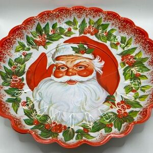 Vintage Festive Santa Holiday Plate - Red and Green